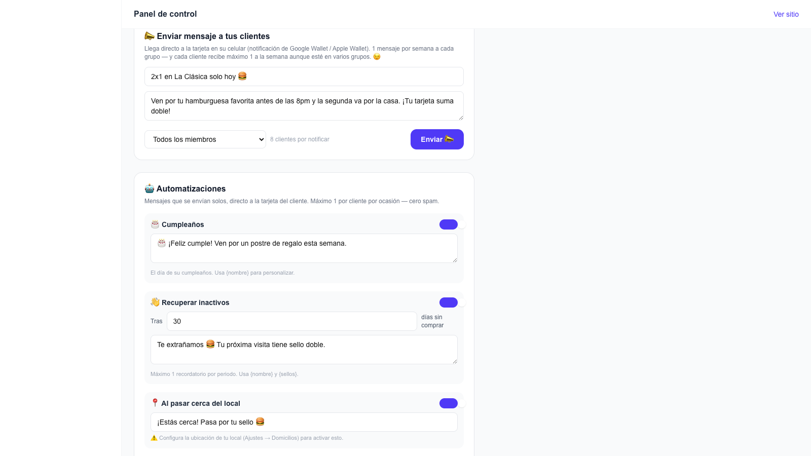enviar un mensaje push desde /admin/lealtad (📣 elegir segmento y enviar) y que llegue la notificación al pass del celular — el momento 'wow'