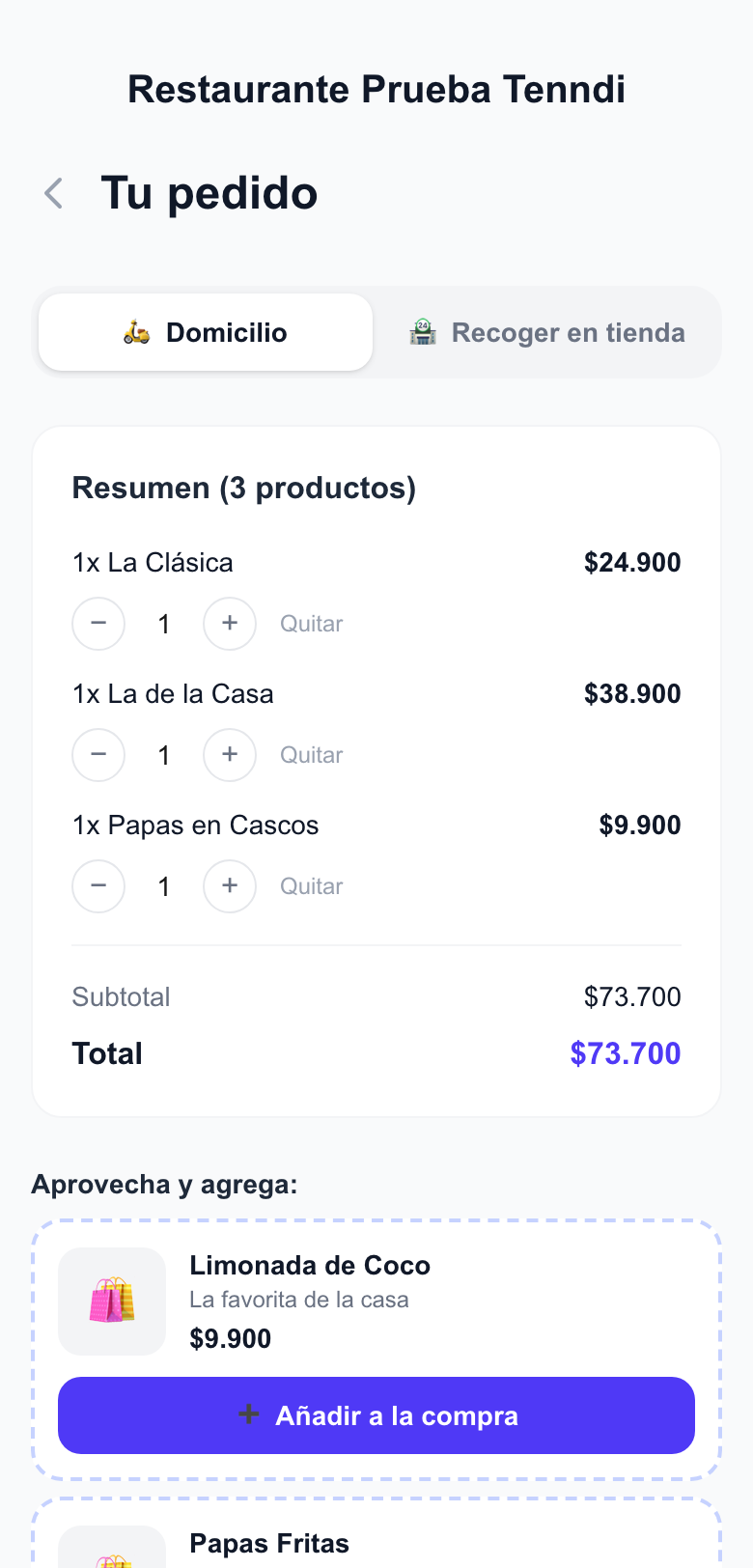 pedido en el celular: elegir domicilio, ver las zonas en el mapa y confirmar (tenndi.tenndi.co con productos en el carrito → checkout)