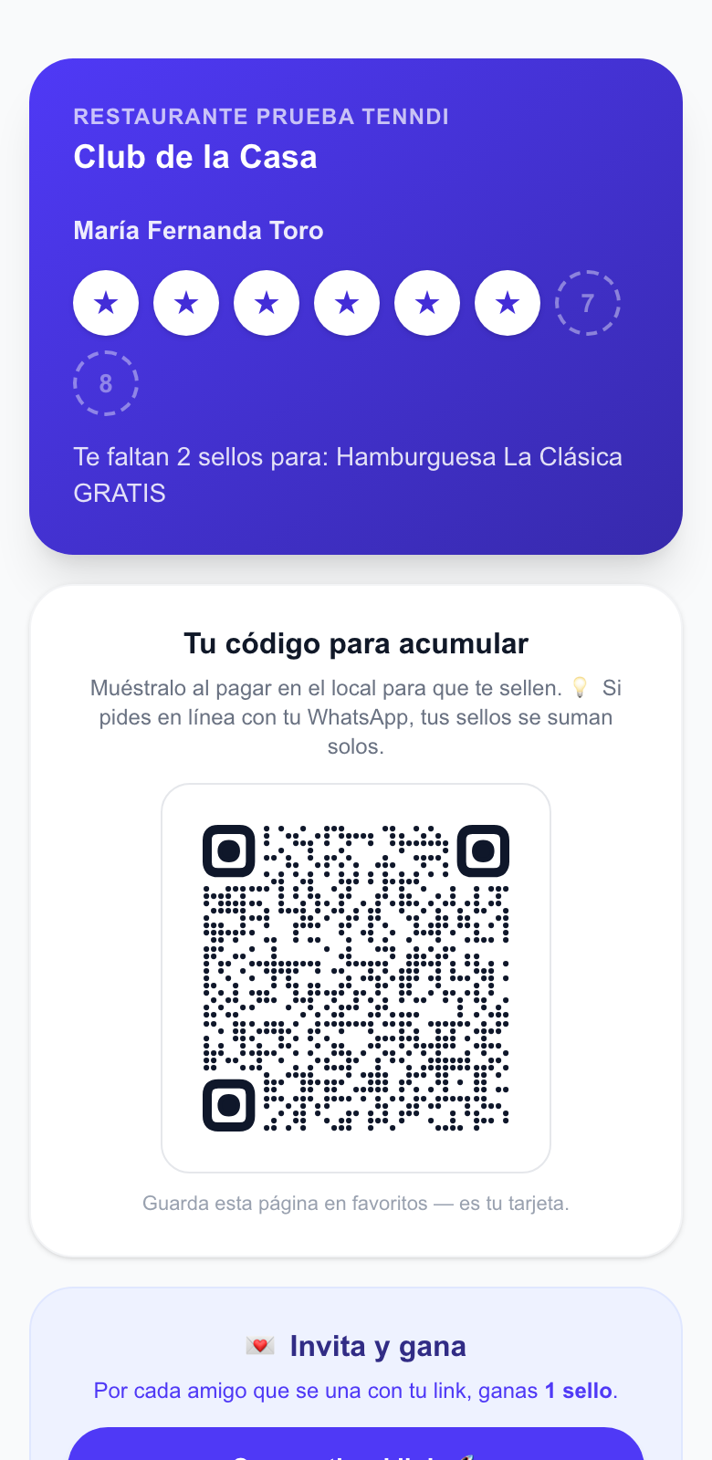 la tarjeta del cliente en el celular: mostrar los sellos, tocar 'Agregar a Google Wallet' y ver el pass guardado con su saldo (tenndi.tenndi.co/tarjeta/<token>)